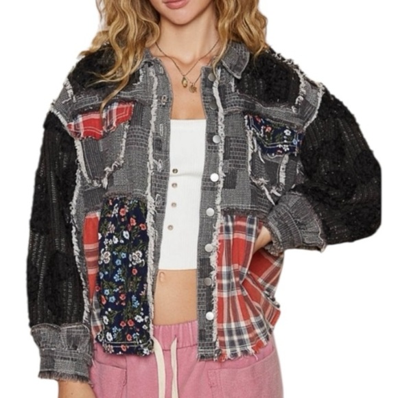 POL Crochet Knit Boho Jacket Retro Floral Farmhouse Plaid Patchwork Size L - Picture 11 of 11